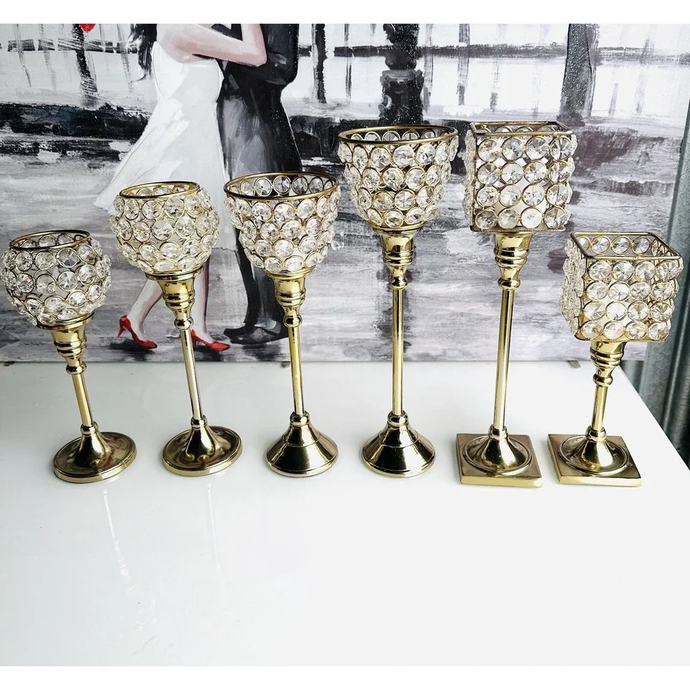 Crystal With Brass Candle Holder Metal Gold, 6 pcs